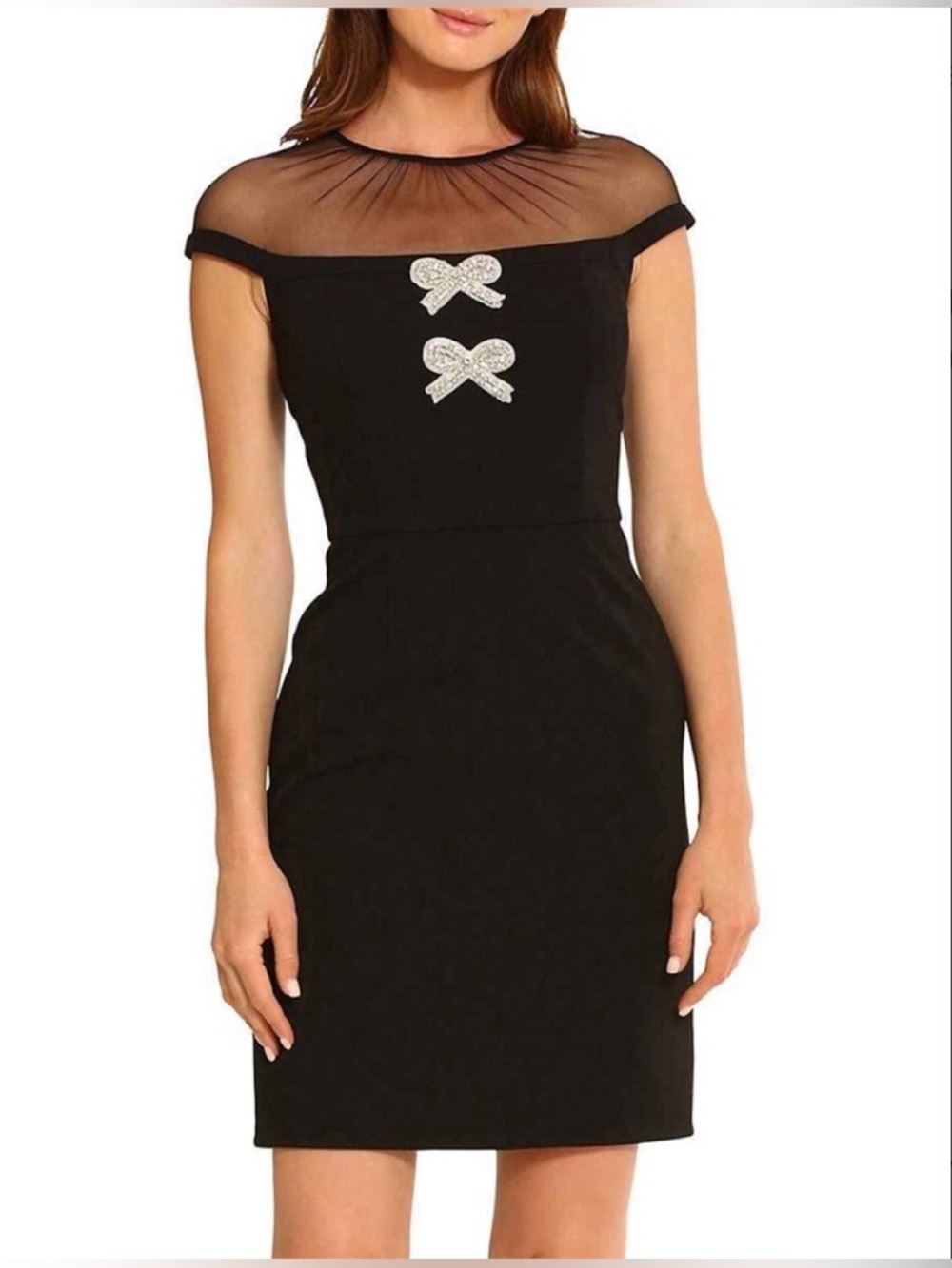 MAGGY LONDON Dress Black Crystal Bows Sheer Cap Slv NWT Sz 14 Medium Large